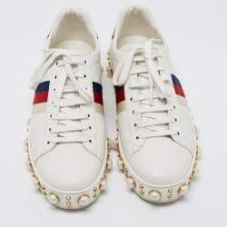 Gucci White Leather Ace Pearl Embellished Web Low Top Sneakers Size 39