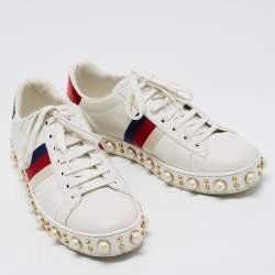 Gucci White Leather Ace Pearl Embellished Web Low Top Sneakers Size 39