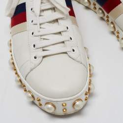 Gucci White Leather Ace Pearl Embellished Web Low Top Sneakers Size 39