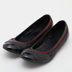  Gucci Black Leather Web Ballet Flats Size 40