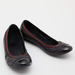  Gucci Black Leather Web Ballet Flats Size 40