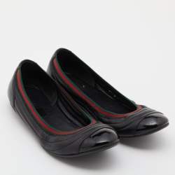  Gucci Black Leather Web Ballet Flats Size 40