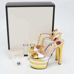 Pre Owned Gucci Gold/Silver Foil Leather Angel Tiger Embellished Platform Ankle Strap Sandals Size 40.5