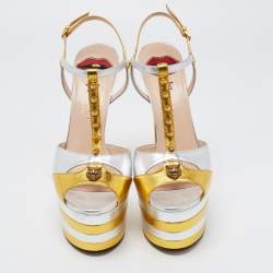 Pre Owned Gucci Gold/Silver Foil Leather Angel Tiger Embellished Platform Ankle Strap Sandals Size 40.5