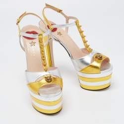 Pre Owned Gucci Gold/Silver Foil Leather Angel Tiger Embellished Platform Ankle Strap Sandals Size 40.5