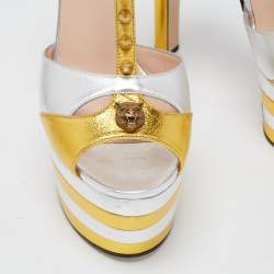 Pre Owned Gucci Gold/Silver Foil Leather Angel Tiger Embellished Platform Ankle Strap Sandals Size 40.5