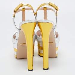 Pre Owned Gucci Gold/Silver Foil Leather Angel Tiger Embellished Platform Ankle Strap Sandals Size 40.5