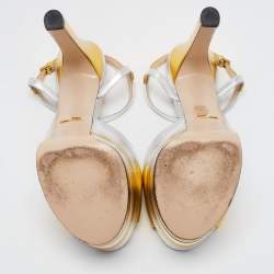 Pre Owned Gucci Gold/Silver Foil Leather Angel Tiger Embellished Platform Ankle Strap Sandals Size 40.5