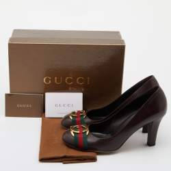 Pre Owned Gucci Brown Leather Web Interlocking G Pumps Size 40