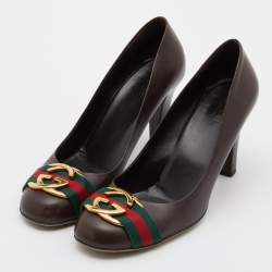 Pre Owned Gucci Brown Leather Web Interlocking G Pumps Size 40