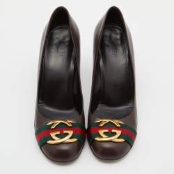 Pre Owned Gucci Brown Leather Web Interlocking G Pumps Size 40
