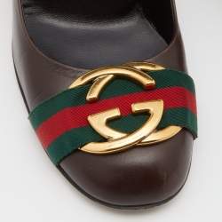 Pre Owned Gucci Brown Leather Web Interlocking G Pumps Size 40