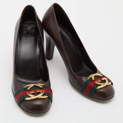 Pre Owned Gucci Brown Leather Web Interlocking G Pumps Size 40