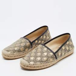 Gucci Beige/Black GG Coated Canvas and Leather Bee Espadrilles Flats Size 39.5
