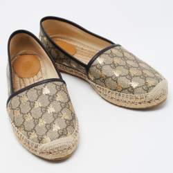 Gucci Beige/Black GG Coated Canvas and Leather Bee Espadrilles Flats Size 39.5