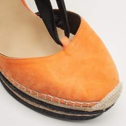 مملوكة مسبقًا Gucci Orange/Black Suede Wedge Espadrille Platform Ankle Wrap Sandals Size 39