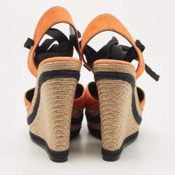 مملوكة مسبقًا Gucci Orange/Black Suede Wedge Espadrille Platform Ankle Wrap Sandals Size 39