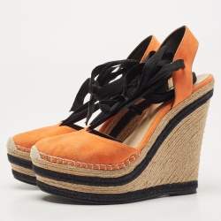مملوكة مسبقًا Gucci Orange/Black Suede Wedge Espadrille Platform Ankle Wrap Sandals Size 39