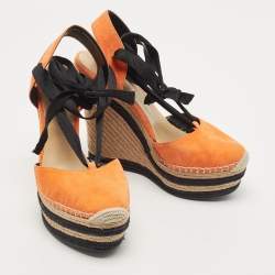 مملوكة مسبقًا Gucci Orange/Black Suede Wedge Espadrille Platform Ankle Wrap Sandals Size 39