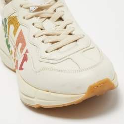 Gucci Cream Leather Glitter Logo Rhyton Sneakers Size 35.5