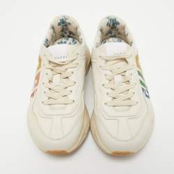 Gucci Cream Leather Glitter Logo Rhyton Sneakers Size 35.5