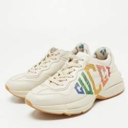 Gucci Cream Leather Glitter Logo Rhyton Sneakers Size 35.5