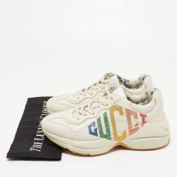 Gucci Cream Leather Glitter Logo Rhyton Sneakers Size 35.5