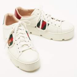 Pre Owned Gucci White Leather Bee Ace Platform Low Top Sneakers Size 37.5