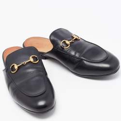 Pre Owned Gucci Black Leather Princetown Mules Size 37.5