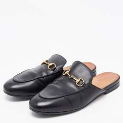 Pre Owned Gucci Black Leather Princetown Mules Size 37.5