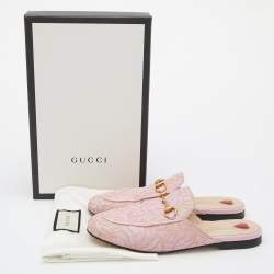 Pre Owned Gucci Pink Floral Lace and Leather Princetown Flat Mule Size 38