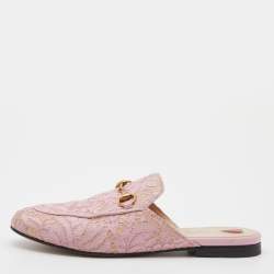 Pre Owned Gucci Pink Floral Lace and Leather Princetown Flat Mule Size 38