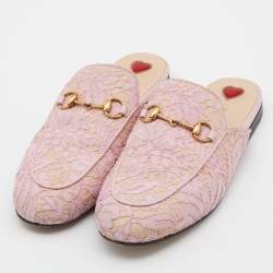 Pre Owned Gucci Pink Floral Lace and Leather Princetown Flat Mule Size 38