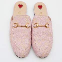 Pre Owned Gucci Pink Floral Lace and Leather Princetown Flat Mule Size 38