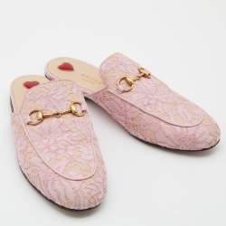 Pre Owned Gucci Pink Floral Lace and Leather Princetown Flat Mule Size 38