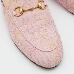 Pre Owned Gucci Pink Floral Lace and Leather Princetown Flat Mule Size 38
