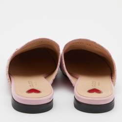 Pre Owned Gucci Pink Floral Lace and Leather Princetown Flat Mule Size 38