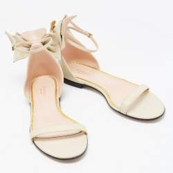 Gucci Cream Leather Embellished Bee Bow Ankle Strap Flat Sandals Size 41