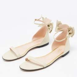 Gucci Cream Leather Embellished Bee Bow Ankle Strap Flat Sandals Size 41