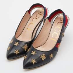 Pre Owned Gucci Black Bee Star Embroidered Leather Web Sylvie Slingback Pumps Size 38