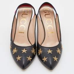 Pre Owned Gucci Black Bee Star Embroidered Leather Web Sylvie Slingback Pumps Size 38