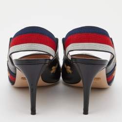 Pre Owned Gucci Black Bee Star Embroidered Leather Web Sylvie Slingback Pumps Size 38