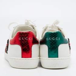 مملوكة مسبقًا Gucci White Leather and Canvas Ace Low Top Sneakers Size 36