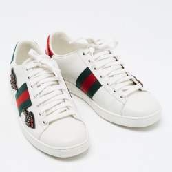 مملوكة مسبقًا Gucci White Leather and Canvas Ace Low Top Sneakers Size 36