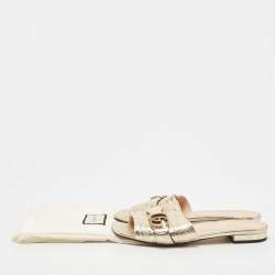 Gucci Gold Crinkled Leather GG Marmont Flat Slides Size 40