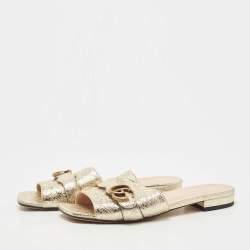 Gucci Gold Crinkled Leather GG Marmont Flat Slides Size 40