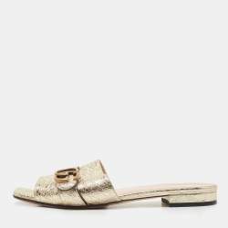 Gucci Gold Crinkled Leather GG Marmont Flat Slides Size 40