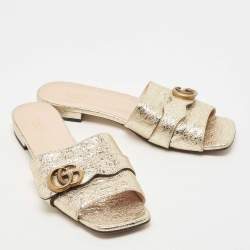 Gucci Gold Crinkled Leather GG Marmont Flat Slides Size 40