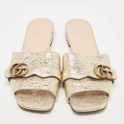 Gucci Gold Crinkled Leather GG Marmont Flat Slides Size 40
