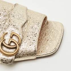 Gucci Gold Crinkled Leather GG Marmont Flat Slides Size 40